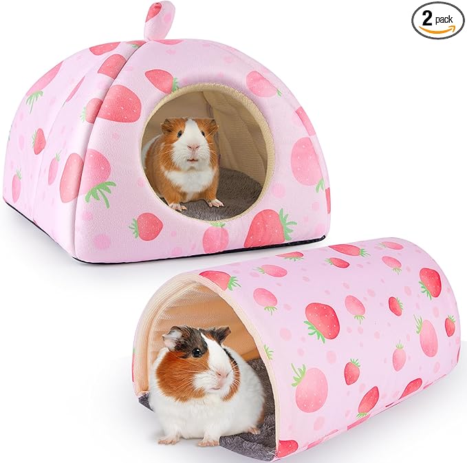 Bienbee Guinea Pig Hideout, Washable Rabbit Bed with Guinea Pig Tunnel, 2 Pack Guinea Pigs Toys Set Bunny Hideout Cage Accessories for Hamster Ferret Rabbits Bunny,Pink Strawberry