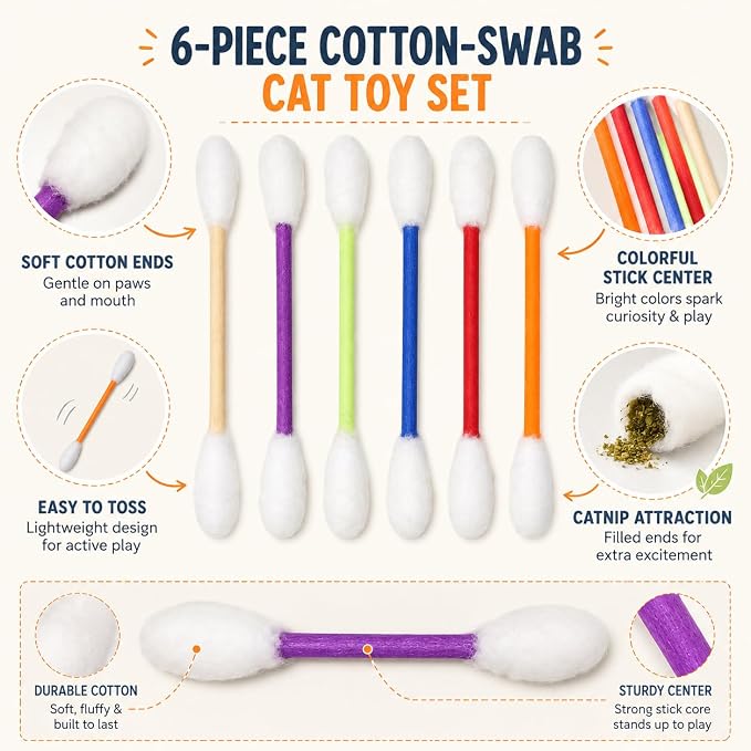 Cat Q Tip Toy with Catnip Cotton Swabs Qtip Cat Toy Pack Catnip Toys for Indoor Cats Giant Qtip Cat Toy Chew Sticks, Durable Felt Interactive