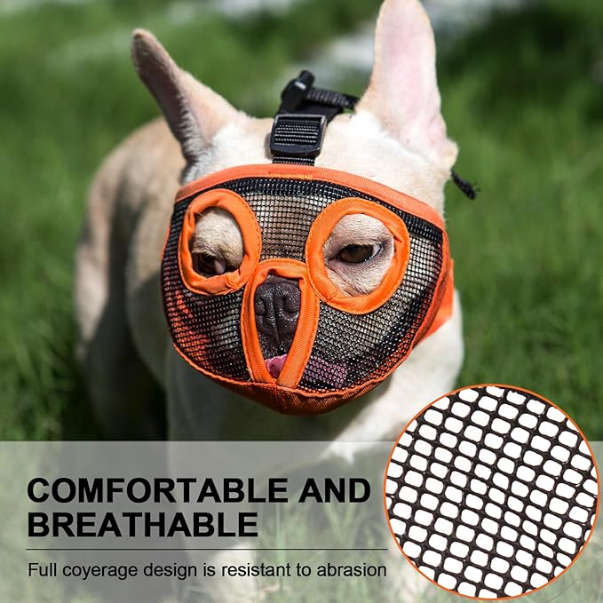 Short Snout Dog Muzzles- Adjustable Breathable Mesh Bulldog Muzzle for Biting Chewing Licking Grooming Dog Mask,Orange(Eyehole) L