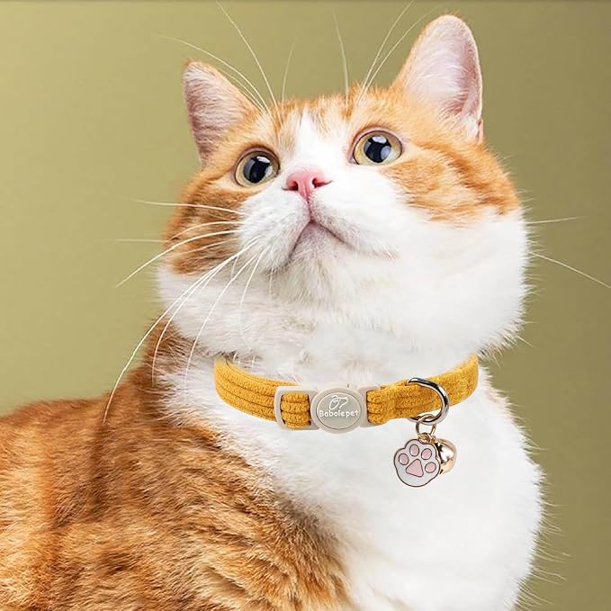 2 Pack Corduroy Cat Collars - Cute Breakaway Cat Collar with Bell and Paw Pendant, Soft Adjustable Fall Winter Kitten Collars for Girl Boy Cats, Yellow&White