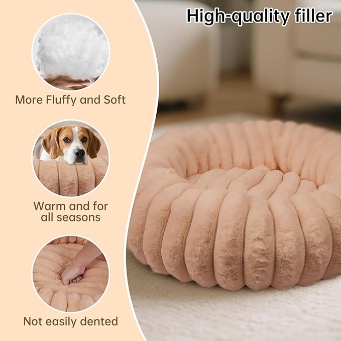 Donut Dog and Cat Bed, Luxurious Comfortable Faux Rabbit Fur Pet Beds, Round Anti-Anxiety Calming Puppy Kitten Bed with Anti-Slip Bottom for Small Medium Dogs & Cats(25", Brown)