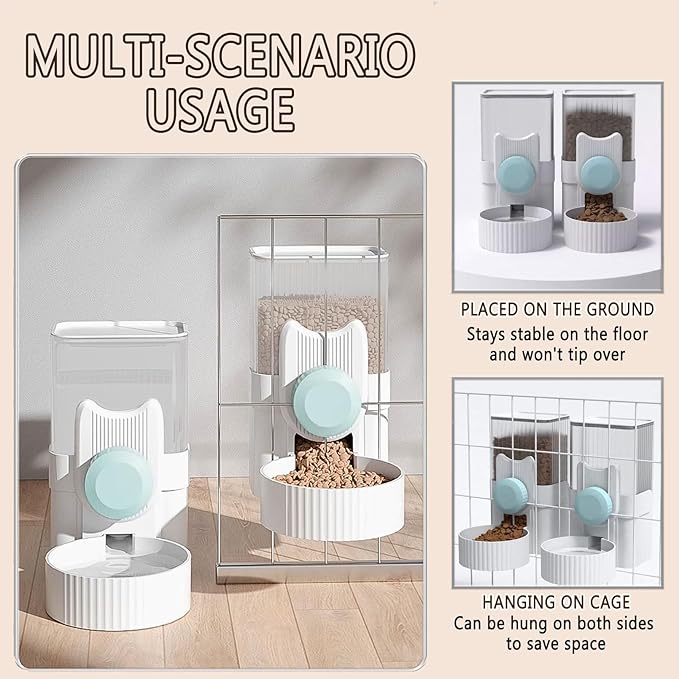 kathson Hanging Automatic Pet Food and Water Dispenser,Gravity Auto Rabbit Feeder for Cage,Guinea Pig Feeder and Waterer Set,Cat Food Bowl Dog Feeding Station for Bunny,Ferret,Chinchilla (Blue)