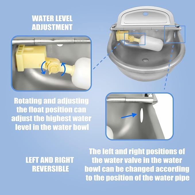Ademon Automatic Animal Drinking Water Bowl with Float Valve, Extended Pipe, Stainless Steel Waterer Feeder Farm Dog Dispenser Kit Self Filling for Livestock Horse Goat Water Trough