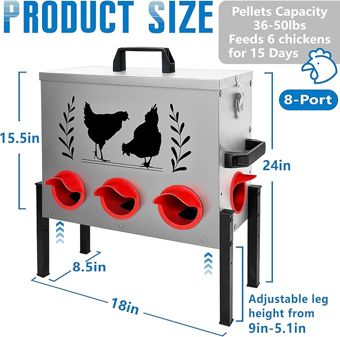 No Waste Automatic Chicken Feeder (50 LB), Rodent Resistant Metal Poultry Feeder with Locking Lid, Adjustable Stand & 8 Ports, Heavy Duty Weatherproof Feed Box for Hens, Ducks