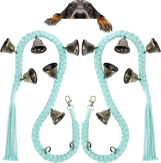 KLOGTSIND 2 Pack Dog Bells for Door Potty Training, Handwoven Cotton Rope Dog Doorbell with 6 Extra Loud Bells, Adjustable Dog Door Bells for Small Medium Large Dogs to Ring to Go Outside, LightGreen