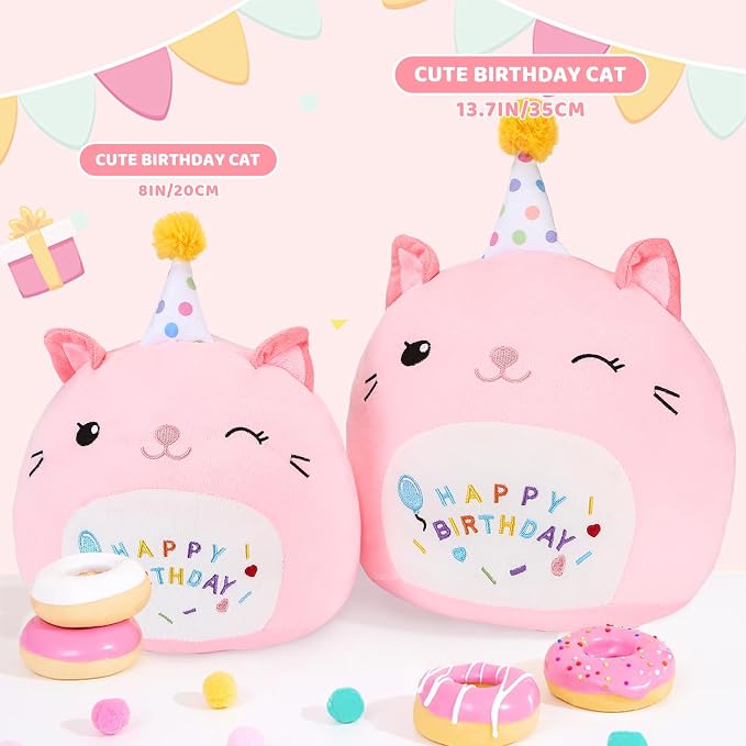 Cat Plush Toy Birthday Decor Pink Cat Plushies Pillow Cat Stuffed Animal Soft Plushie Gifts for Girlfriend Kids Girls Boys 13.7”(Large Cat Plush)