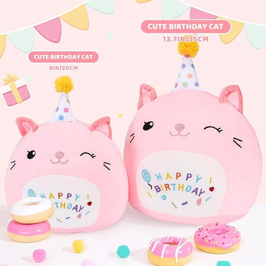 Cat Plush Toy Birthday Decor Pink Cat Plushies Pillow Cat Stuffed Animal Soft Plushie Gifts for Girlfriend Kids Girls Boys 13.7”(Large Cat Plush)