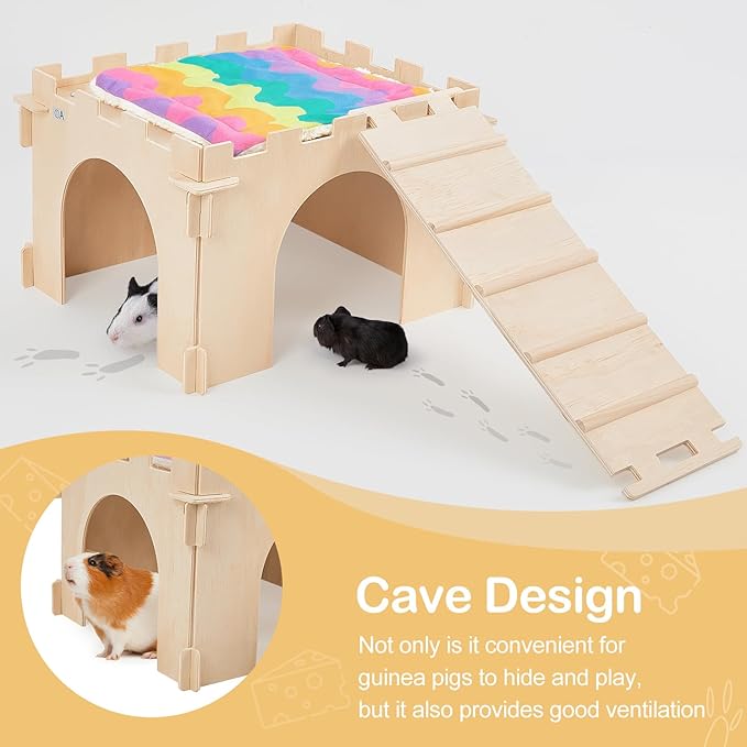 Guinea Pig Hideout, Guinea Pigs House with Stairs and Mats Extra Large Guinea Piggy Castle Detachable Hideouts for Small Animals Wooden Guinea Pig Habitats with Multiple Doors and Windows