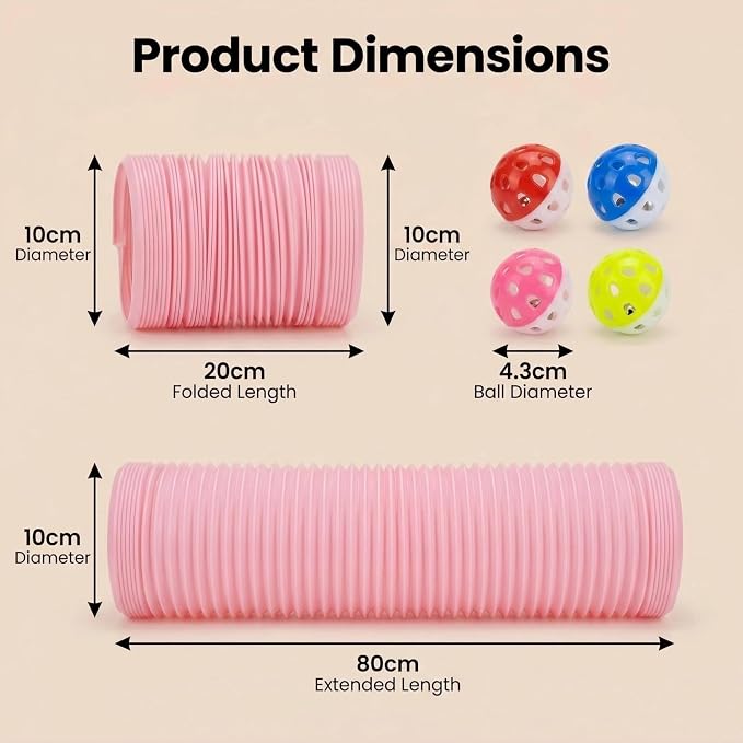 Hamster Collapsible Tunnel Tube Toys with 4 Bell Balls, Expandable Small Animal Hideout Exercise Toy 7.8inch Unextended 32.7inch Extended for Guinea Pig Gerbil Rat Ferret (Pink)
