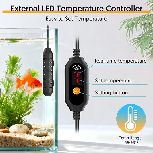 QZQ Aquarium Heater, 25W Adjustable Fish Tank Heater with Digital Display, External Temperature Controller, Submersible Turtle Tank Heater for 3-5 Gallon Tanks