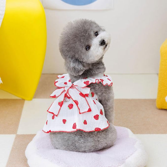 Dog Dresses for Small Dogs Girl Female Clothes Cat Clothes Cat Dress Cute Cotton Extra Small Summer Clothes Bow Decor Printed Strawberry Dog Birthday Outfit Puppy Clothes