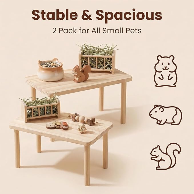 Hamster Platform Set, 2-Piece Wooden Modular Playground & Hide, Cage Accessories for Dwarf Syrian Hamsters, Gerbils, Mice, Degus (Rectangle+Rectangle)