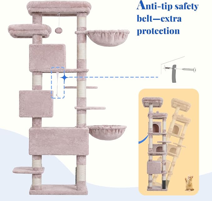 Hey-brother Cat Tree, 74 inches Multi-Level XL Large Cat Tower for Indoor Cats with Three Cat Condos, Two Large Top Decks and Cat Hairbrushfor Kittens, Cats and Pets,Muchroom MPJ035-MMU