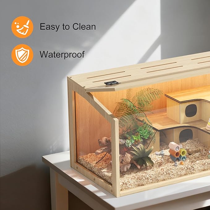 Hamster Cage: Wooden Small Animal Cage with Warm Light - 32Inch Large Clear Hamster House Chewy Proof with Openable Breathable Top