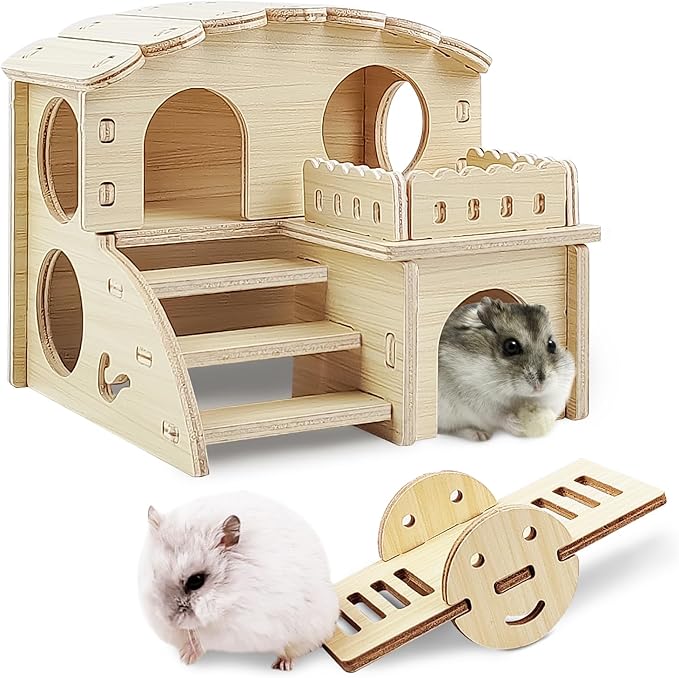 Tiny Hamster Maze Wood House - Fun Staircase House - Seesaw for Small Animals - Rat Mouse Hideouts Dwarf Gerbil Syrian Pet