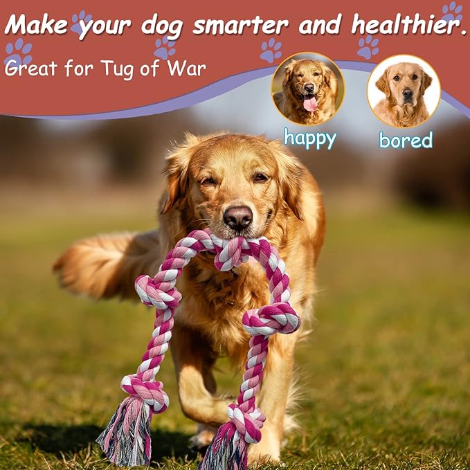Lmlpt Dog Rope Toy for Large Aggressive Chewers, Heavy Duty Rope Chew Toy Indestructible Tough Tug of War Pink Dog Toys,3 Feet 5 Knots Interactive Cotton Ropes Toys for Large Breeds Teeth Cleaning
