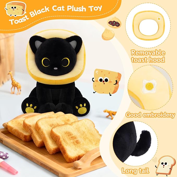 Black Cat Plush - 8inches Cat Stuffed Animal with Removable Toast Bread Hood, Cute Plushie Soft Kitten Doll Toy for Kids Boys Girls, Birthday Gifts
