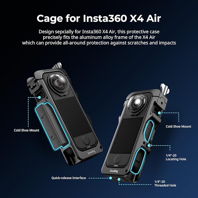 SMALLRIG Cage for Insta360 X4 Air Accessories, Aluminum Alloy Protective Case for Insta360 X4 Air Quick Release, Built-in Cold Shoe Mounts & 1/4" Threads, with Silicone Lens Cover - 5939