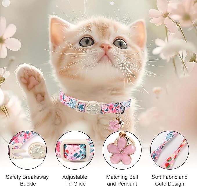 2 Pack Cotton Cat Collars - Cute Breakaway Cat Collar with Bell, Strawberry and Flower Pendant, Spring Summer Adjustable Kitten Collars for Girl Cats, Sweet Floral Fruit