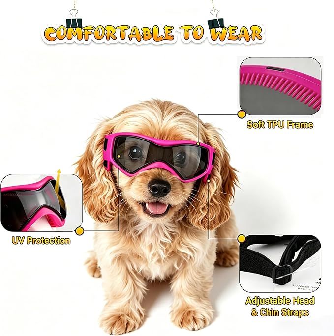 PETLESO Dog Goggles Small Breed, Dog Sunglasses UV Protection Puppy Eyewear for Small Pet Outdoor Riding Driving, Pink S
