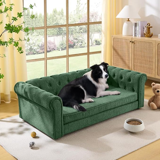 Large Dog Couch, for Large & Extra Large Dogs | Removable & Washable | No Assembly Required | Breathable Linen Fabric | Soft Foam |Floor-friendly sofa legs | Olive Green