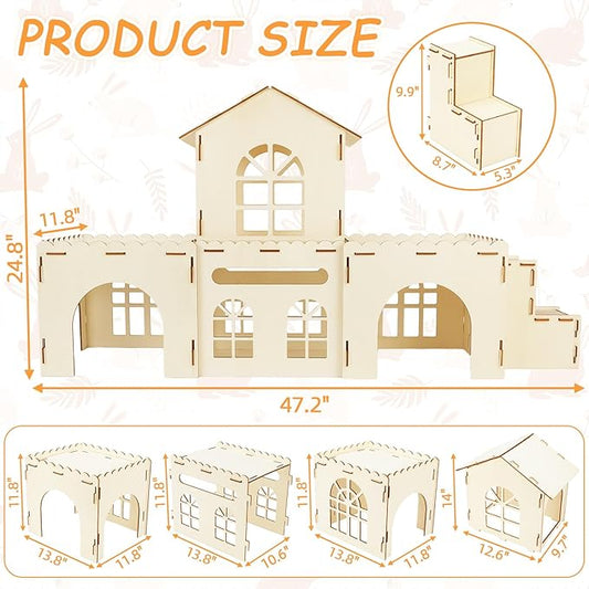BWOGUE Extra Large Wooden Rabbit Hideout Castle, Detachable Bunny Castle for Rabbits Chinchillas Guinea Pigs, Sturdy Bunny Play House Indoor with Stairs, Small Animal Play Hideaway Hutch