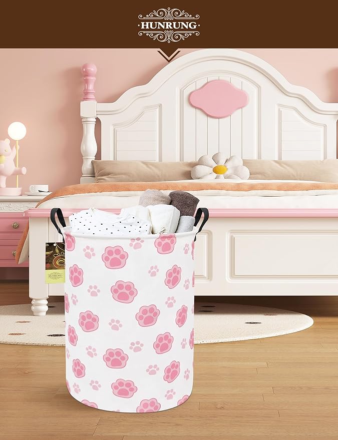 Collapsible Fabric Storage Basket, Waterproof Laundry Hamper with Handles, Round Storage Bin for Clothes Toys, Foldable Organizer for Bedroom Nursery Bathroom(Round-Pink Paw)