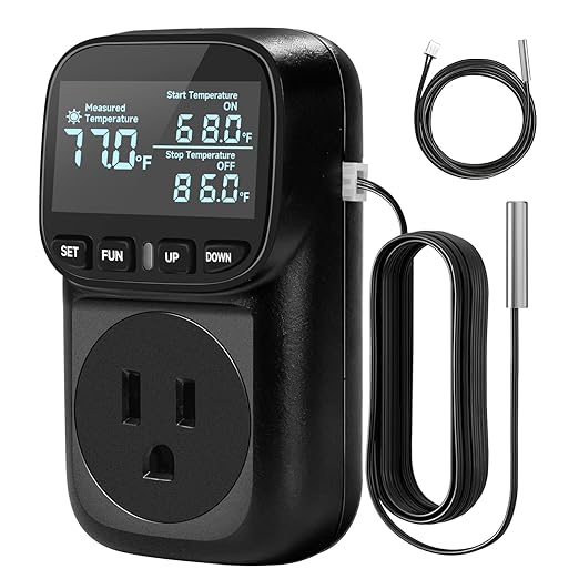 Reptile Thermostat Temperature Controller, Digital Timer Outlet for Greenhouse, Reptile Tank, Heat Pad, Seedlings, Fermentation, Brewing, Cyclic Timing/Countdown, 15A/1800W, VA Display