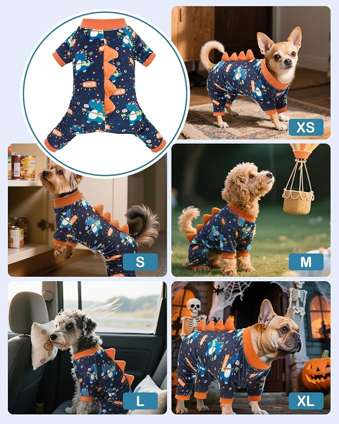 CuteBone Dinosaur Costume Dog Pajamas, Stretchy Spandex Crystal Velvet Sleepwear Coat for Small Dogs, Soft & Warm Pet Outfit Clothes for Cold Weather, Cozy Pullover Design COSP19L