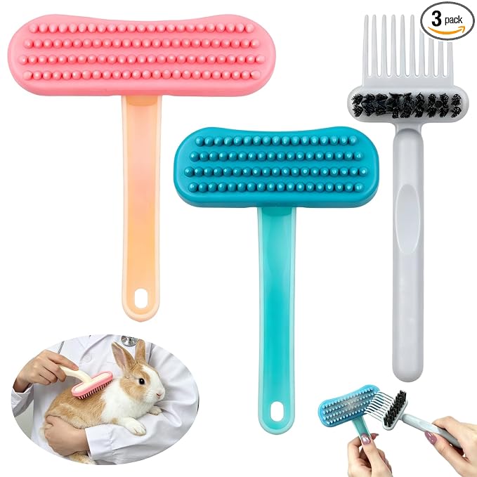 3PCS Rabbit Brush, Bunny Grooming Comb Pink & Blue Soft Silicone Small Pet Brushes with Grey Cleaning Brush, Small Animals Massager Cat Shedding Brush Pet Hair Remover Dog Combs for Kittens Puppies