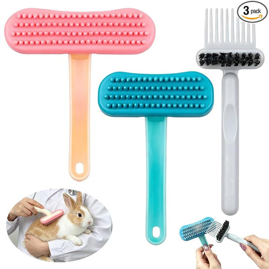 3PCS Rabbit Brush, Bunny Grooming Comb Pink & Blue Soft Silicone Small Pet Brushes with Grey Cleaning Brush, Small Animals Massager Cat Shedding Brush Pet Hair Remover Dog Combs for Kittens Puppies