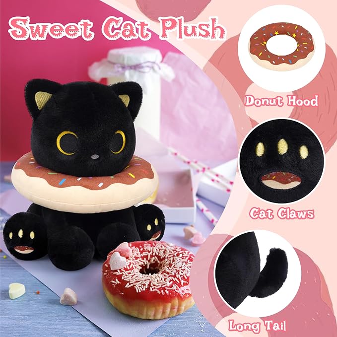 Black Cat Plush, 8inch Donut Black Cat Stuffed Animal Cute Plushies Toys for Girls Boys, Kawaii Kitten Plushie for Kids Adult, Birthday