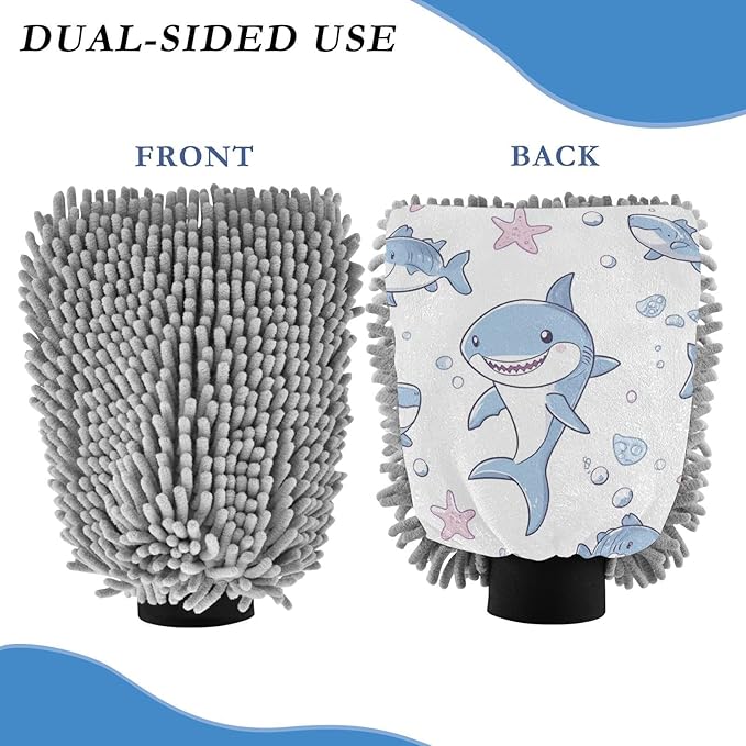 Car Wash Mitt Microfiber Wash Mitts for Car Washing Scratch-Free Cleaning Gloves Soft Non Absorbent Chenille Auto Hand Mitt Medium 2Pack Cute Shark Kraken White