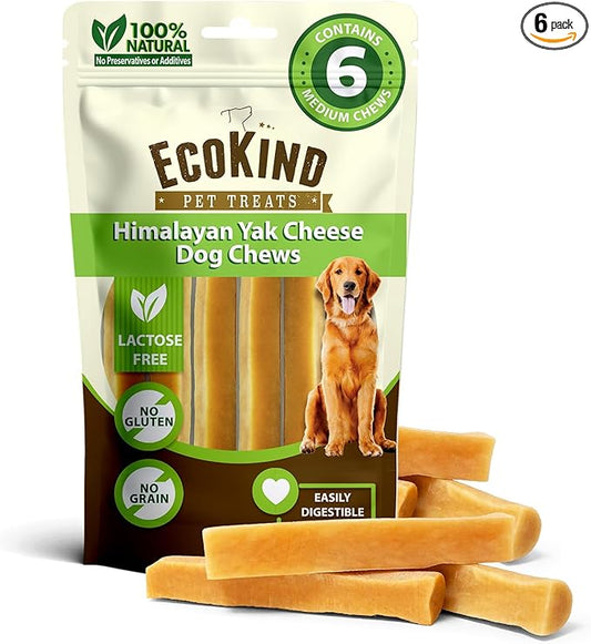 EcoKind Premium Gold Yak Cheese Himalayan Dog Chews, Dog Treats for Medium Dogs, All Natural, High Protein, for Aggressive Chewers, Medium - 6 Chews