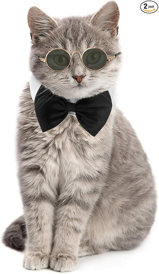 2 Pieces Pets Dog Cat Bowtie Tie Sunglasses Pets Costume Adjustable Formal Necktie Collar for Cats Small Dogs Puppy Round Metal Classic Retro Sunglasses Grooming Accessories Cosplay Party(Black White)