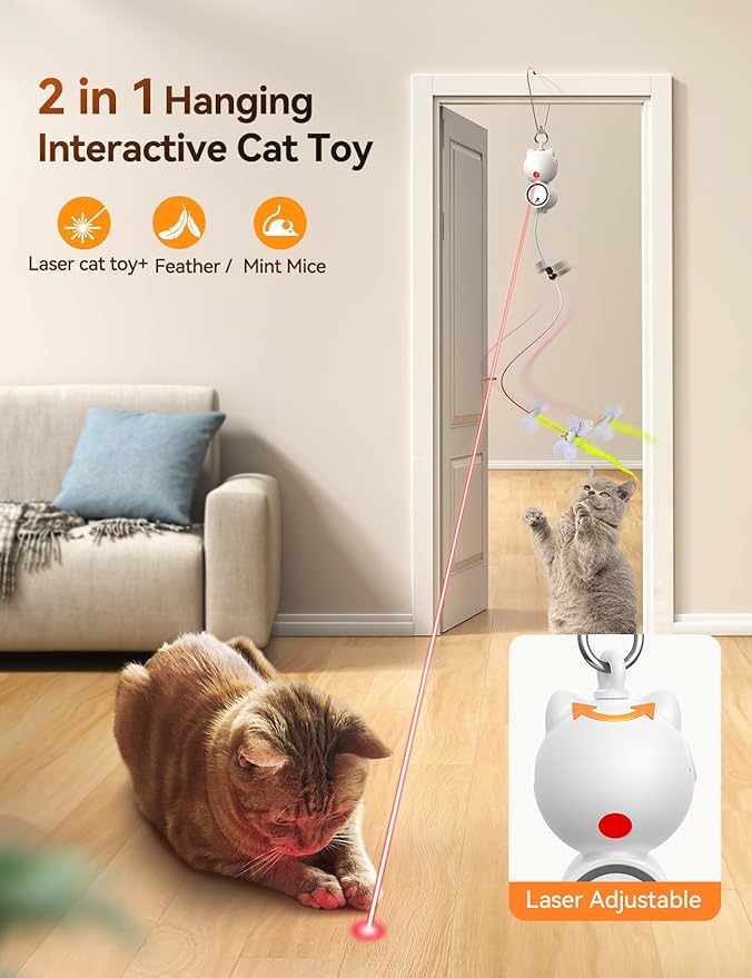 FEELNEEDY Laser Interactive Cat Toys, LED Light, 8 PCS Replacement Teaser with Bell Refills, Feather & Mouse Cats Toy, Hanging Cat Toys for Indoor Cats, for Bored Adult Kitten Exercise, Silver