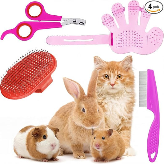 Patelai 4 Pieces Bunny Grooming Kit Rabbit Nail Clipper Rabbit Brush Hair Remover Shampoo Brush with Adjustable Ring Handle for Rabbits Guinea Pig Hamsters Puppy Kitten Hamster Ferret(Pink, Red)