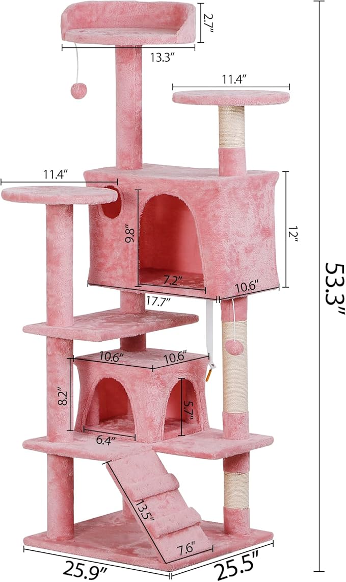 ZENY 54 Inch Cat Tree, Multi-Level Cat Condo with Scratching Post + 2 Play Houses, Pet Furniture in Pink