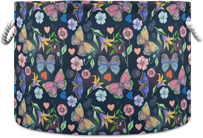 Butterfly Print Round Storage Basket Summer Colorful Butterfly Flowers Large Laundry Hamper 20 x 20 x 14 Inches Organizer Bin with Handles Clothes Storage Bag for Nursery Bedroom Living Room Decor
