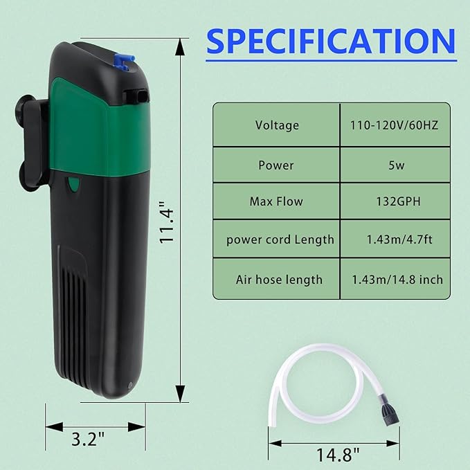 FREESEA Aquarium Power Filter Pump: 5 Watt Internal Filter Increase Oxygen 4 in 1 Pump | 132 GPH for Up to 150 Gallon
