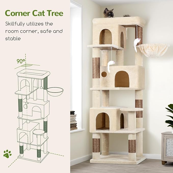 Globlazer Corner Cat Tree 66 inch Multi-Level Climbing Tower Kitty Condos Cat Scratching Tower for Indoor Multiple Cats with Large Platform, 3 Cat Caves, F66, Beige