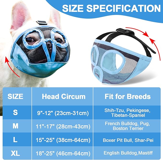Short Snout Dog Muzzles- Adjustable Breathable Mesh Bulldog Muzzle for Biting Chewing Licking Grooming Dog Mask,Blue XL