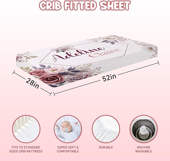Personalized Crib Bedding Set for Baby Boy Girl, Custom Name Roses Design 3 Piece Baby Bedding Set, Including Plush Blanket, Fitted Sheet and Pillowcase for Newborn Nursery Gift