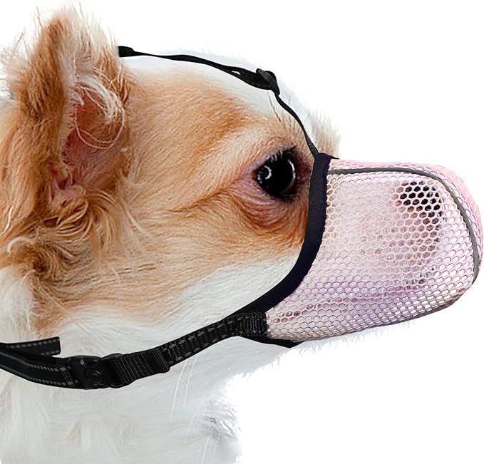 Dog Muzzle, Breathable Soft for Extra Small Dogs to Anti & Prevent Barking Biting Chewing, Reflective & Adjustable Basket Muzzle with Air Mesh for Dachshund Pink XS