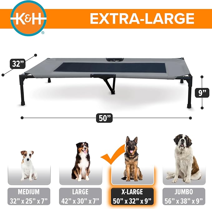K&H Outdoor Elevated Dog Bed - Cooling Raised Dog Bed for Large & Extra-Large Pets, Breathable Mesh Center Hammock Design, Indoor/Outdoor Washable Cover, Portable Metal Frame, Gray, XL 50x32in