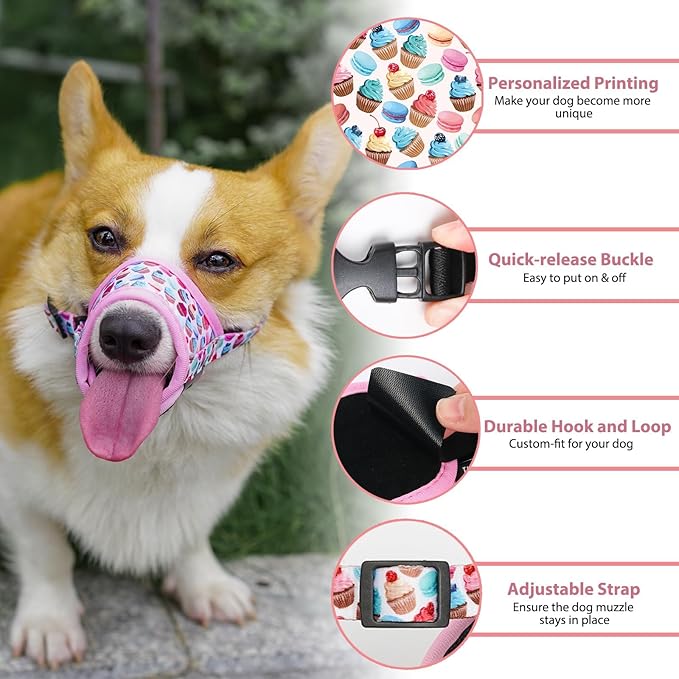 LUCKYPAW Dog Muzzle Anti Biting Barking and Chewing with Comfortable Mesh Soft Fabric and Adjustable Strap, Suitable for Small, Medium and Large Dogs(Pink Cake,L)