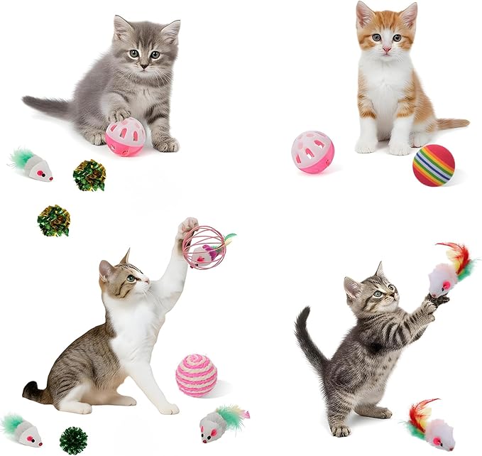 80 Pcs Cat Toys Bulk Kitten Toys Pack with Caged Rat Ball, Colorful Mice, Crinkle Balls, Rainbow Ball, Sisal & Bell Balls, Interactive Variety for Indoor Cats