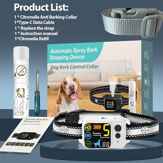 Citronella Bark Dog Collar [1*Refill] Spray Dog Collar, with 5 Adjustable Sensitivity, Beep+Vibration+Spray 5 Working Modes Citronella Bark Collar, IP66 Waterproof Dog Spray Collar for L/M/S