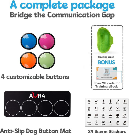A-URA Dog Talking Buttons for Communication – 4 Recordable Dog Buttons with Anti-Slip Mat, Word Stickers, Training Guide & Video | Dog Communication Buttons for Potty Training, Daily Needs & Behavior
