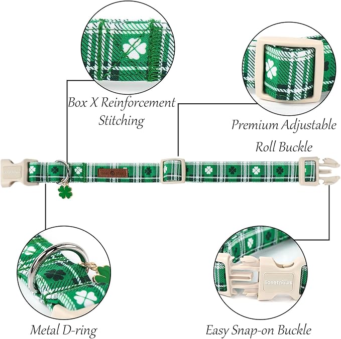 Lionet Paws St. Patrick Dog Collar, Comfortable Adjustable Green Collar with Green Clover Pattern for Large Male Female Dogs Collars,Neck 16-24 inches